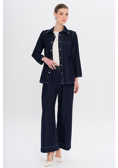 Olcay Kemeri Çıt Çıt Detaylı Ceket Pantolon Denim Takım Lacivert 9344-tk