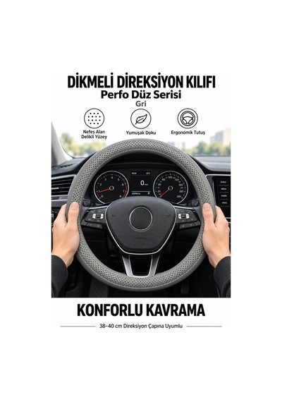 Trobus Mitsubishi L200 2015-2023 Uyumlu Dikmeli Direksiyon Kılıfı Perfo Düz Delikli Deri Gri