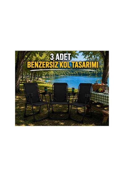 Holiday Kamp Sandalyesi Piknik Katlanır Bardaklıklı Plaj Sandalyesi 3 Adet Siyah Siyah 3 Adet