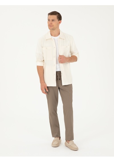 Cacharel Ekru Regular Fit Keten Karışımlı Cepli Ceket Gömlek 15469610
