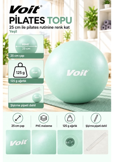 25 cm Mini Pilates Topu Yoga Fitness Egzersiz ve Denge Topu Şişirme Pipeti Dahil Turkuaz