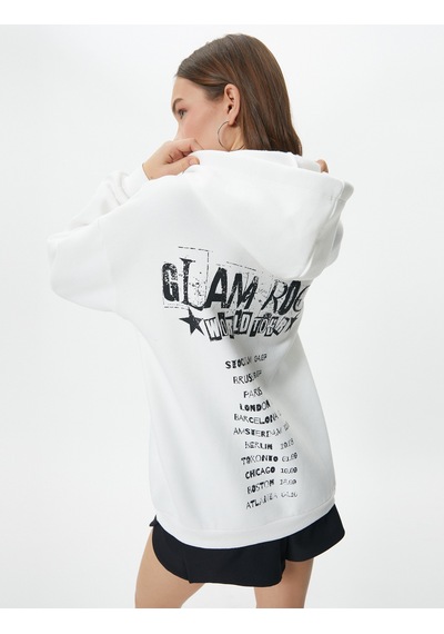 Koton Rahat Kalıp Arkası Baskılı Şardonlu Kapüşonlu Sweatshirt Ekru 7wal10048ık