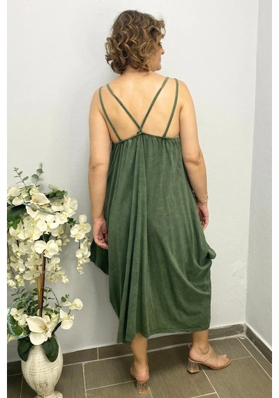Mia Butik Büyük Beden Haki Pamuklu Şalvar Kesim Çiçekli Elbise Haki