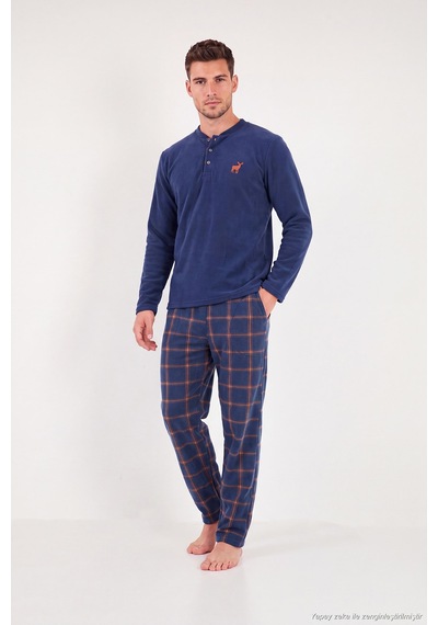 Buratti Ekoseli Düğmeli Bisiklet Yaka Yumuşak Polar Pijama Takımı Erkek Pijama Takımı 6097019 İndigo