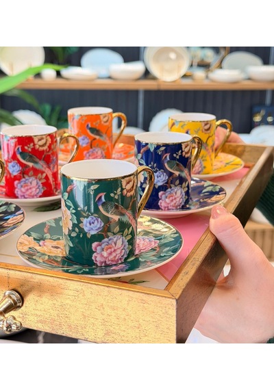 6 Kişilik Porselen Renkli Bird Deco Kahve Fincanı -5811 Çok Renkli