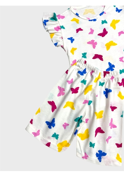 Aliş Kids Kız Çocuk Pamuklu Beyaz Desenli Kolları Fırfırlı Şortlu Yazlık Pijama Takımı