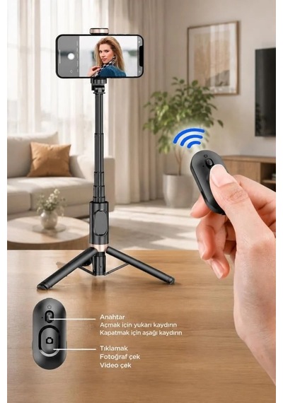 Delux Serisi Aksesuar Kamera Tripod Çok Amaçlı Kumandalı Selfie Çubuğu Q12 Siyah