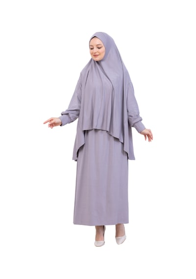 Modish Group İki Parça Namaz Elbisesi Uzun Pamuklu Tesettür Giyim Abaya & Başörtüsü Set Gri
