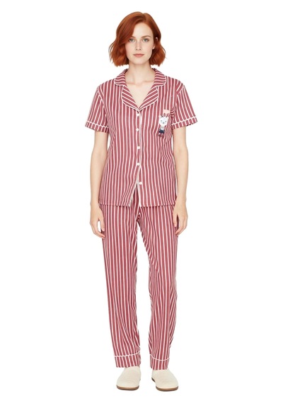 Ersefa Kadın Çizgili Baskılı Gömlek Ve Pantolon Pijama Takımı Fonksiyone Pembe