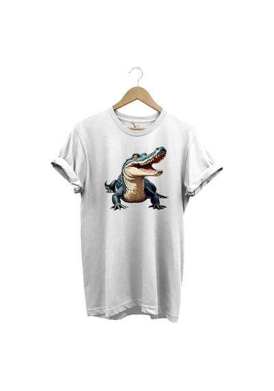 Timsah Baskılı %100 Pamuk Regular Fit T-shirt Beyaz