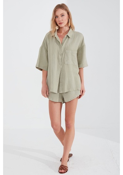 Manche Müslin Kadın Oversize Gömlek Olive Mks166965-01