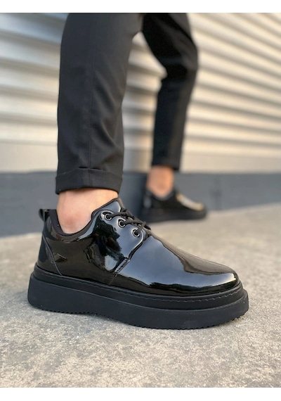 Mevese Ornex Erkek Deri Görünümlü Bağcıklı Casual Sneaker Klasik Günlük Ayakkabı - Siyah Rugan