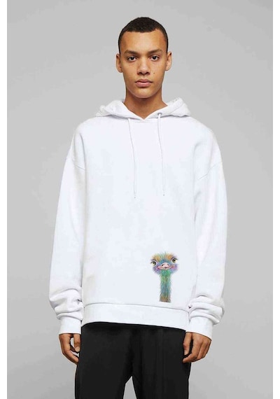 Renkli Devekuşu Illüstrasyon Baskılı Beyaz Erkek Sweatshirt