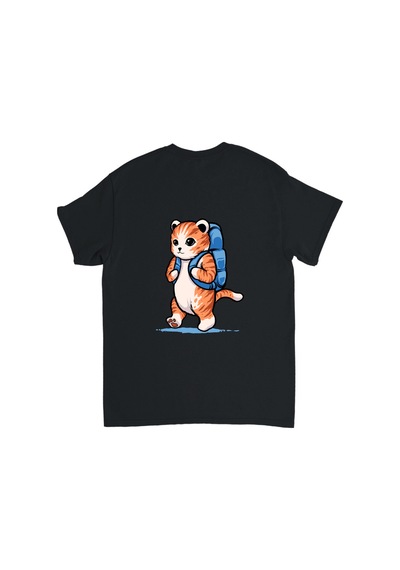 Paybuy Sırt Çantası Taşıyan Kedi Karikatürü Baskılı Çocuk Tişört Siyah