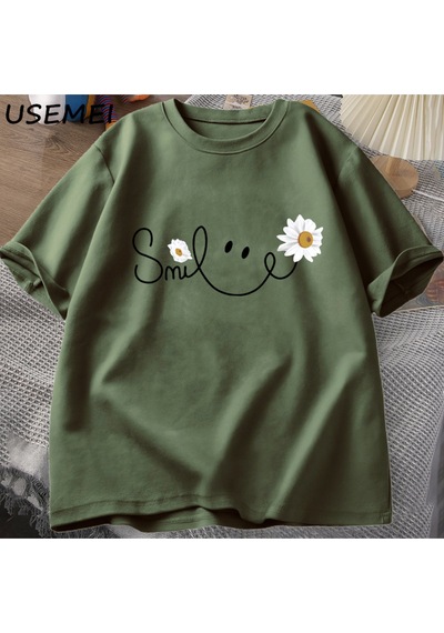 Flood Of Style Papatya Gülümseme Yüz T Shirt Yaz Çiçek Baskılı Tişört Kadın Erkek Pamuk Kısa Kollu Tshirt Bo Yeşil