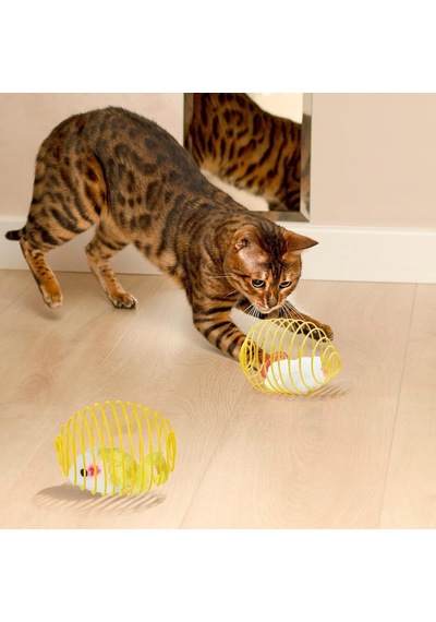 Bakgelal Kedi Oyuncağı Spiral Tel Top & İçinde Peluş Fare Hareketli Zıplayan Kedi Topu, Avcılık İçgüdüsünü Geliştirir, Dayanıklı Metal Yay Top, Kediler İçin Etkileşimli Eğlence Oyuncağı