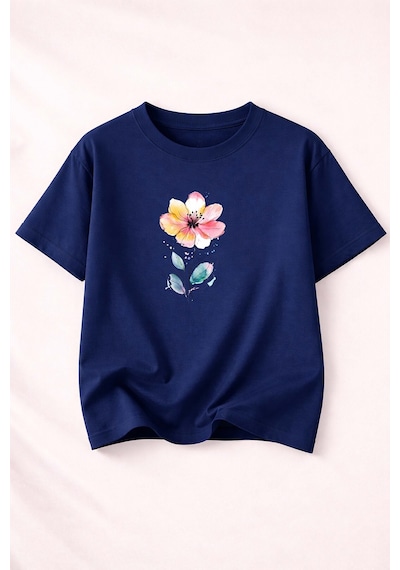 Herkesemoda Renkli Çiçek Baskı Detaylı Kadın Bisiklet Yaka Pamuklu T-shirt Lacivert