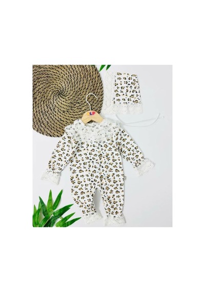 By Bebekodam Kız Bebek Beyaz Kahve Leopar Desenli Bereli Fistolu Tulum