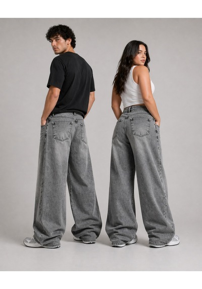 St.poll Eskitme Gri Yıkamalı Unisex Büyük Beden Baggy Jean Pantolon
