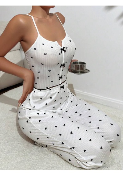 Gazaniga Kadın Beyaz Likralı Desenli Gecelik Pijama Takımı Fiyonk
