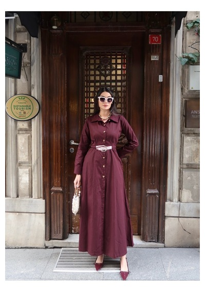 Kechi Woman Poplin Kumaş Akseusarlı Elbise Bordo