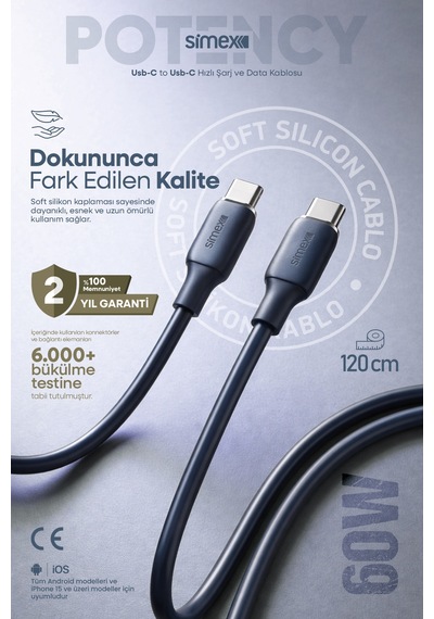 Simex 60w Hızlı Şarj Type-c Kablosu İphone, Samsung, Redmi, Uyumlu, Soft Silikon, Dayanıklı 1.2m Spk-14