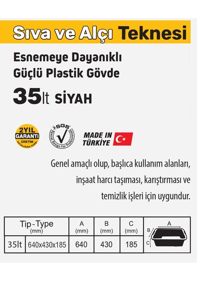 Sgs991 - Siyah Çok Amaçlı Tekne Kova 35 Litre - Sıva Alçı Teknesi
