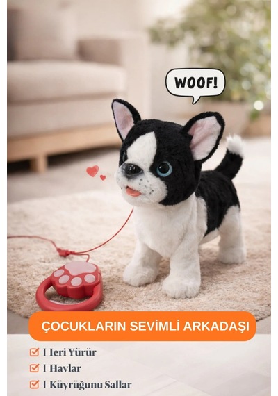 Yürüyen Havlayan Kuyruk Sallayan Tasmalı Peluş Köpek - Sesli Ve Hareketli Oyuncak Köpek Beyaz - Siyah