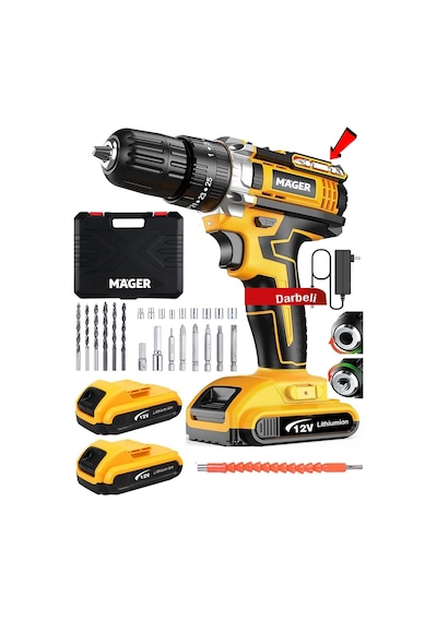 Mager 12 Volt 1.2 Ah Çift Akülü Su Terazi Göstergeli Darbeli Matkap Vidalama Sarı