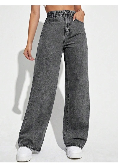 Palazzo Pantolon Füme Yüksek Bel Geniş Paça Bol Kesim Premium Jeans Gri