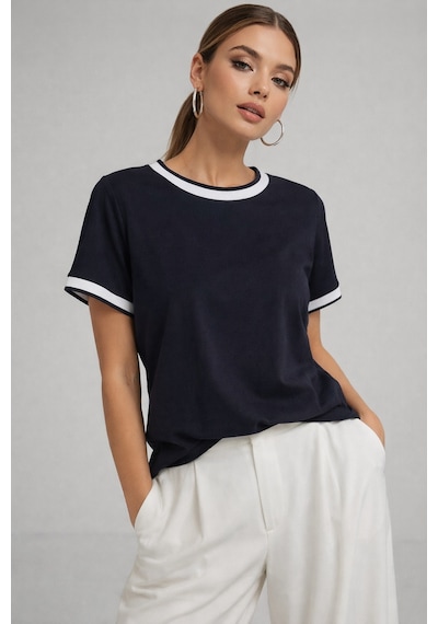 Kadın Lacivert Bisiklet Triko Yaka Kısa Kollu Basic T-shirt Lacivert