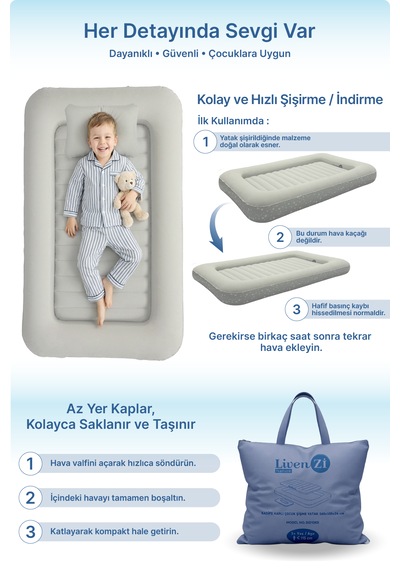 Livenzi Nature Çocuk Şişme Yatak & Yastık + Manuel Şişirme Pompası 160 105 24 Cm Bej