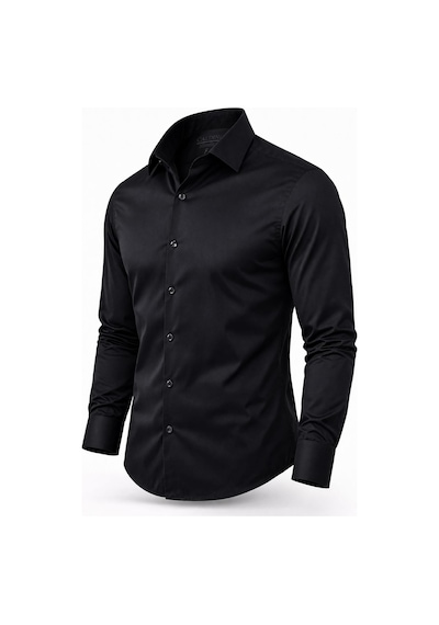 Classics Men Slim Fit Uzun Kollu Kolay Ütü Pamuk Saten Erkek Gömlek Siyah