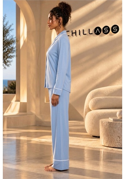 Chıllass Kadın Pamuklu Uzun Kollu Pijama Takımı Önden Düğmeli Açık Mavi Açık Mavi