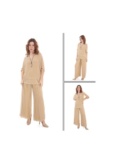 İtalyan Yarasa Kol Pul Payetli İpek Bluz Pantolon Takım Camel