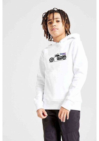 Tshirthane Chopper Baskılı Unisex Çocuk Kapüşonlu Beyaz Sweatshirt Beyaz