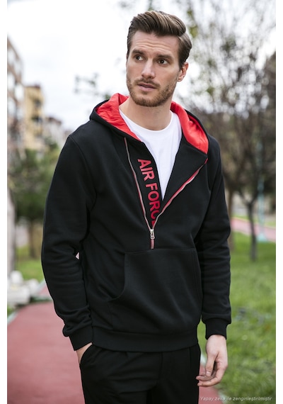 Buratti Kanguru Cepli Fermuarlı Kapüşon Yaka Slim Fit Erkek Sweat 575707 Siyah-Kırmızı
