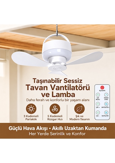 Ezere Aerosnap Led Kamp Tavan Fanı Ve Taşınabilir Şarjlı Tavan Vantilatörü