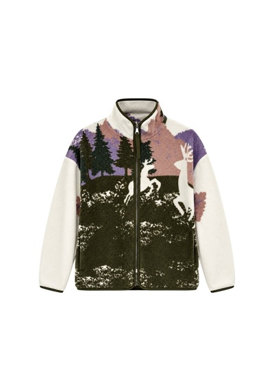 Vadon 1061 Kadın Geyik Ve Orman Desenli Yandan Cepli Fermuarlı Polar Sweatshirt Haki