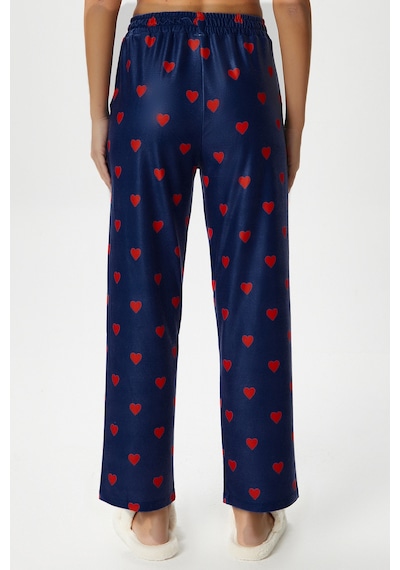 Ritnice Kadın Teddi Ultra Yumuşak Cepli Lacivert Kalp Desen Yılbaşı Pijama Altı Lacivert