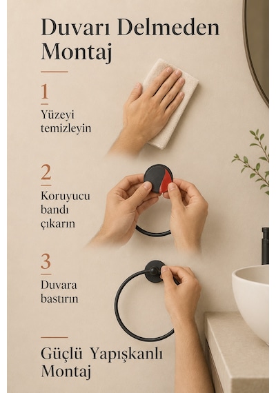 Paslanmaz Çelik Yuvarlak Yapışkanlı Siyah Yuvarlak Havluluk Banyo Askılığı