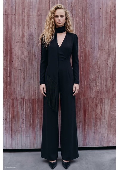 Sateen Püskül Fularlı Krep Tulum - Siyah-138061