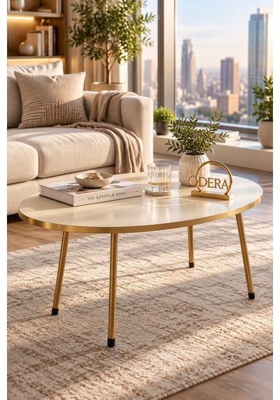 Odera Elips Orta Sehpa 90x50 Cm Metal Ayaklı Modern Retro Salon Sehpası Altın - Krem Odera Elips Orta Sehpa 90x50 Cm Metal Ayaklı Modern Retro Salon Sehpası Altın - Krem