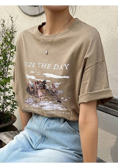 Flood Of Style Kadın Kahverengi Seize The Day Baskılı Oversize T-shirt