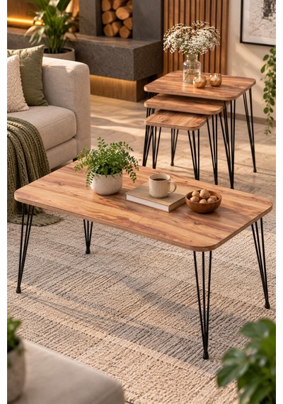 Sulorahome Ceviz Desenli Siyah Tel Ayaklı 4'lü Sehpa Seti Ceviz - Siyah