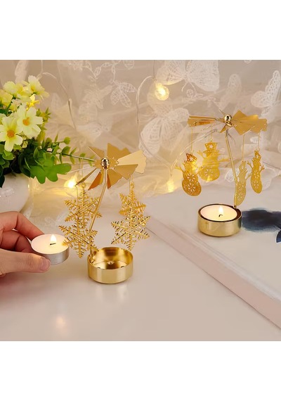 Altın Renkli Dönebilen Metal Tealight Mumluk Kar Tanesi Ve Noel Figürlü Dekoratif Mumluk Gold