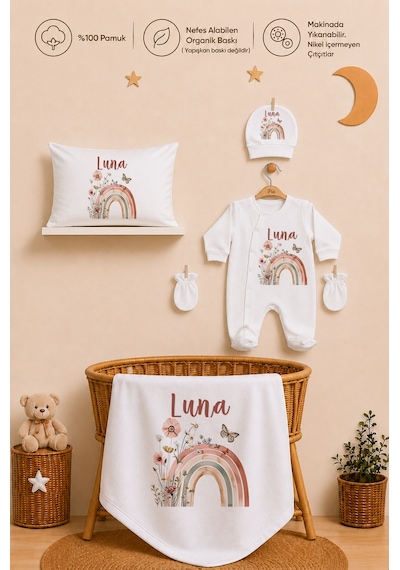 Pia Baby Kız Bebek Tulum Seti İsim Baskılı %100 Pamuk Yastık Kılıfı Ve Battaniye 1080tyb0x Ekru