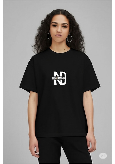Nevermind Oversize Tişört Kadın "nevermınd" Baskılı Geniş Kalıp T-shirt U Siyah
