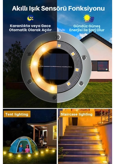 Technojet 1adet Solar Ultra Parlak Smd 8led Kazıklı Çim Zemin Bahçe Aydınlatma Güneş Enerjili Sarı Sarı