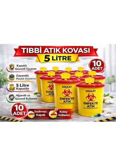 Tıbbi Atık Kovası 5 Litre 10 Adet Kapaklı Tıbbi Atık Kutusu Enfekte Atık Kovası Belirtilmemiş